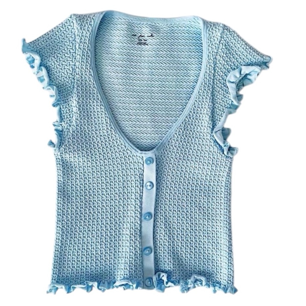 Free People XS/S Light Blue Knit Ruffle-Trim Button Cardigan